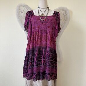 Fairy Grunge Boho Paisley Print Square Neck Flutter Sleeve Mini Dress Smocked